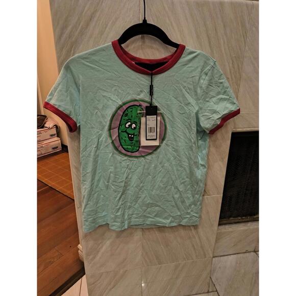 Marc Jacobs Ringer T Shirt Pickle "Dill With It" Graphic Aqua Pink Size S NEW - Picture 3 of 6